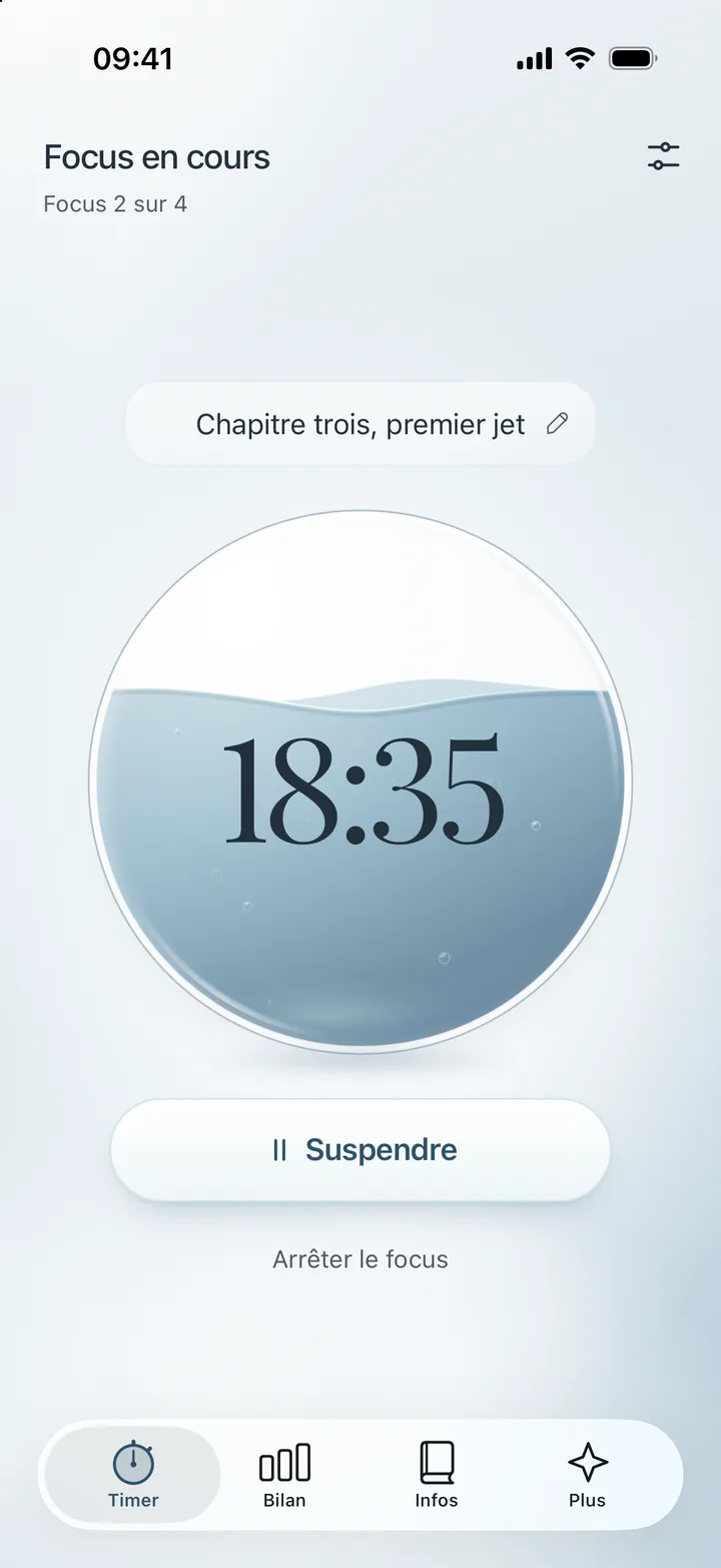 L’écran Timer de Calm Pomodoro pendant un focus : l’intention « Chapitre trois, premier jet », Focus 2 sur 4, 18 minutes et 35 secondes restantes, et le bouton Suspendre.