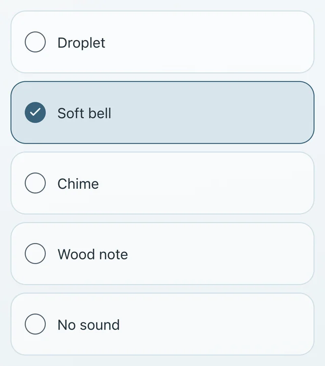 The End sound list: Droplet, Soft bell, selected, Chime, Wood note and No sound.