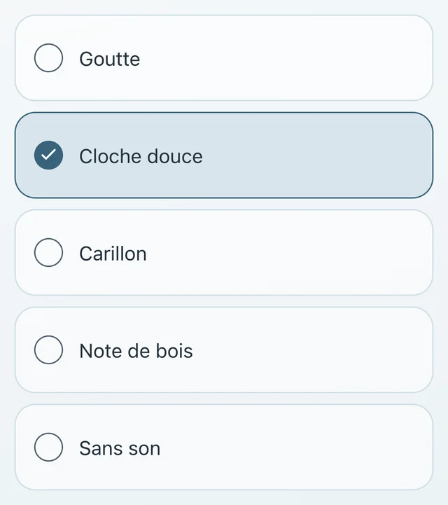 La liste Son de fin : Goutte, Cloche douce, choisie, Carillon, Note de bois et Sans son.